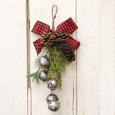 Pewter Bells Teardrop w/Black & Red Buffalo Check Bow - The Fox Decor